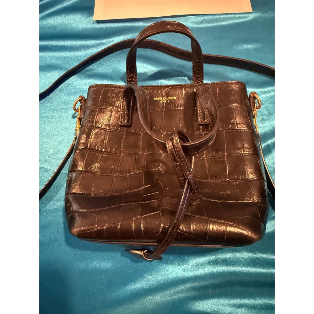 Saint Laurent YSL Mini Toy Shopping Tote Black Croc Embossed Leather Crossbody